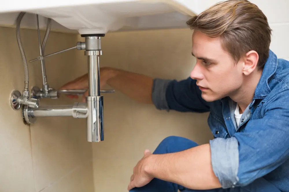 Professional plumber inspecting a water leakage issue under a kitchen sink in a Sharjah apartment