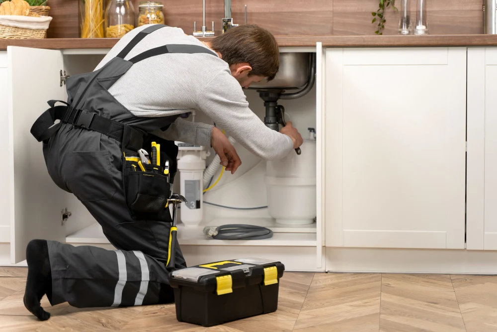 Professional plumber performing under sink leak repair on kitchen pipes in a Sharjah home
